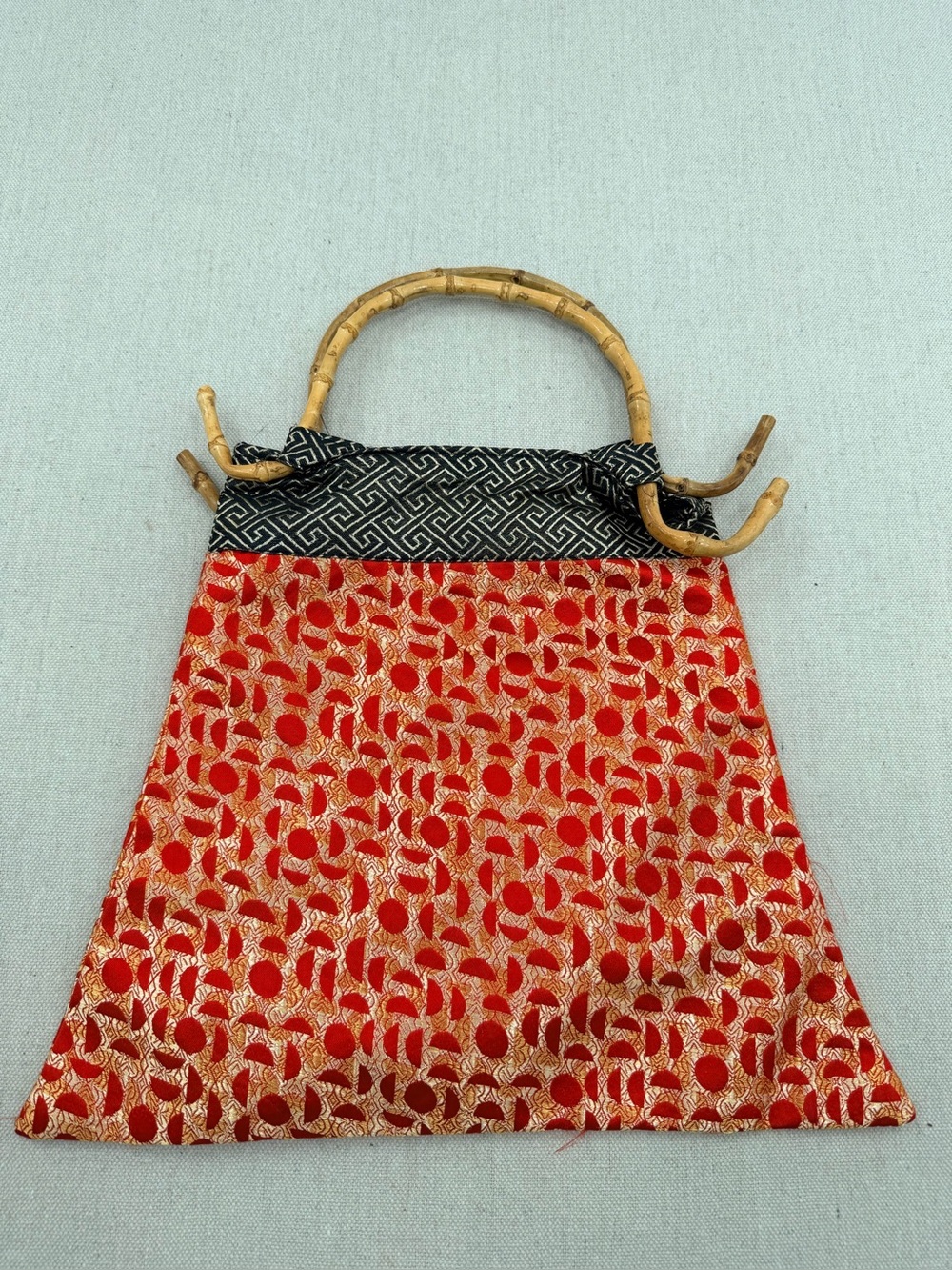 Red and Gold Patterned Handbag with Bamboo Handle